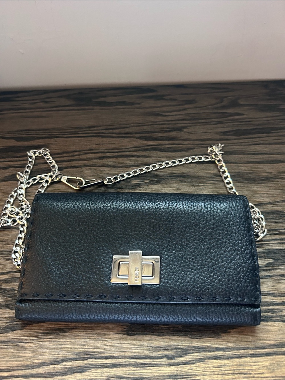 Fendi Black Pebbled Leather Crossbody with Silver Chain